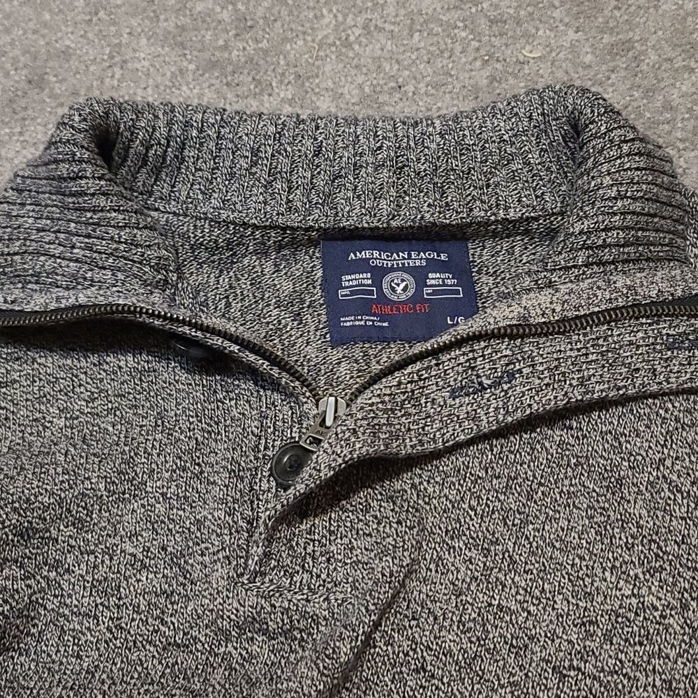 AE Mock Neck Cotton Sweater Navy Grey Large - Picture 3 of 6